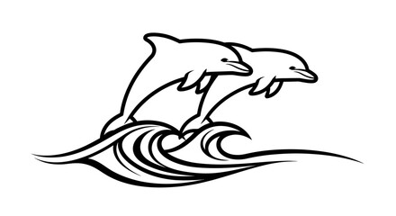 Two Playful Dolphins Jumping over Ocean Waves, Marine Animals on Isolated White Background