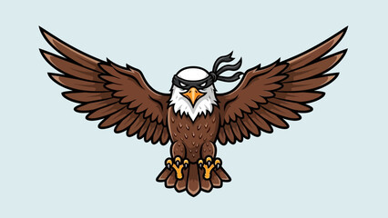 Obraz premium Cartoon-style eagle with ninja headband soaring through a light blue sky, symbolizing freedom