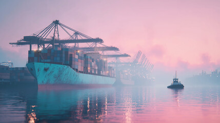 Container ship docked at a misty harbor at twilight with cranes and a tugboat