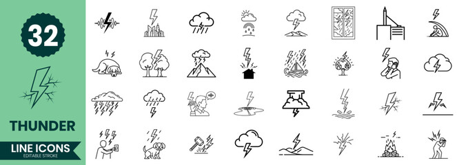 Thunder Line Icons Set Lightning, Storm, Weather, Electricity, Danger, Power Minimal Line Art Pack