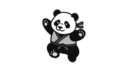 Cartoon panda in a martial arts outfit performing a joyful jump against a plain background