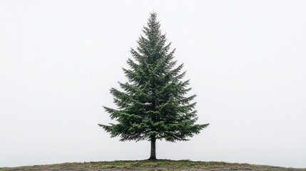 Solitary evergreen conifer on a hill under a grey sky, stark and isolated image