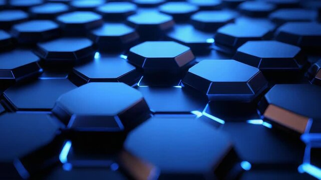 Blue glowing technological hexagons forming abstract digital pattern