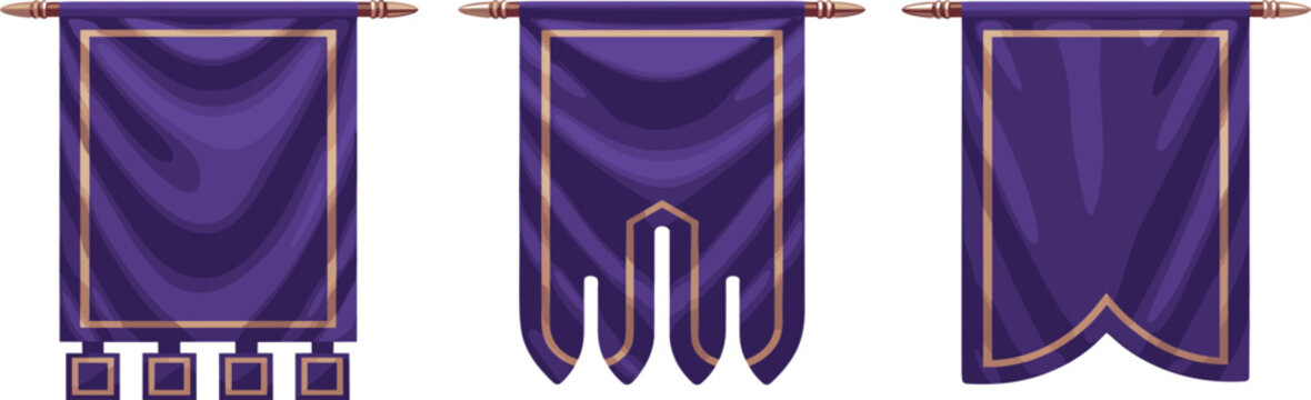Set of three purple medieval style banners with gold trim, hanging pennant shields, heraldry vector illustration