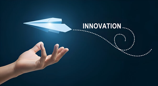 Hand launching a paper plane with innovation concept represented by a dotted path trailing behind it on a dark blue background