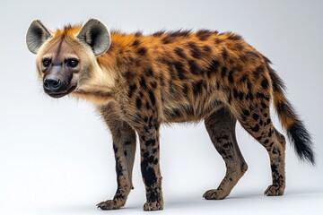 Fototapeta premium Spotted hyena standing; tan fur with dark spots, ears perked, on a plain background