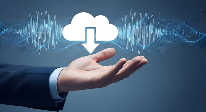 Hand holding a cloud icon with download arrow surrounded by sound waves on a blue background - Powered by Adobe