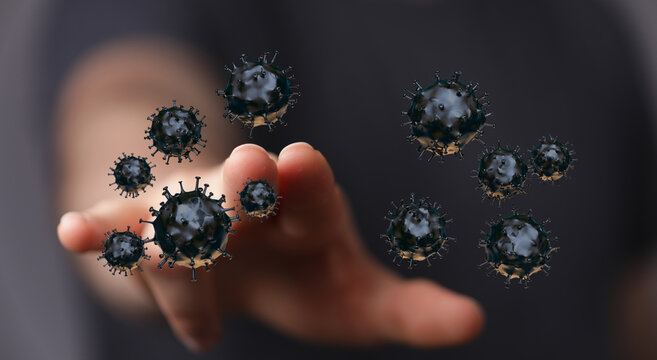 Artistic depiction of a hand interacting with virus cells, symbolizing concepts like health, disease, and glob