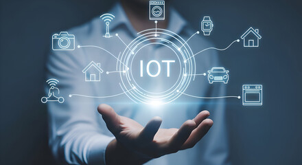 Man holding a glowing internet of things iot interface with connected home appliances and devices in a futuristic digital illustration