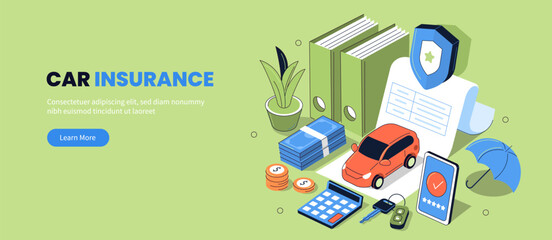 Auto insurance illustration banner. Workspace with policy contract, claim documents. Car protection, risk assessment concept. Outline vector isometric.
