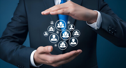 Businessman in suit protecting network of people icons with his hands, symbolizing management and protection of team members in a corporate setting