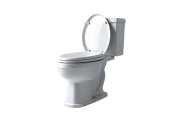 White toilet bowl with open lid on white background