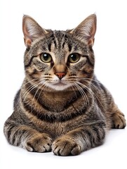 Fototapeta premium Striped tabby cat with yellow eyes, centered against a white background