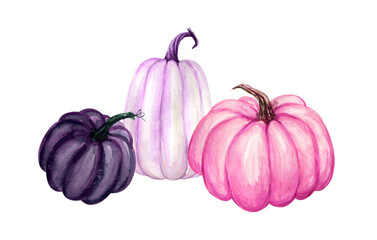 Three watercolor pumpkins in pink, lavender and deep plum tones. Soft hand-painted textures and pastel hues create a calm autumn mood suitable for invitations, planners and aesthetic fall stationery.