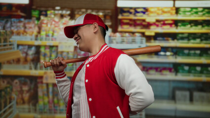 Young chinese man in baseball uniform holding a bat stands indoors at a supermarket, surrounded by colorful shelves of products.