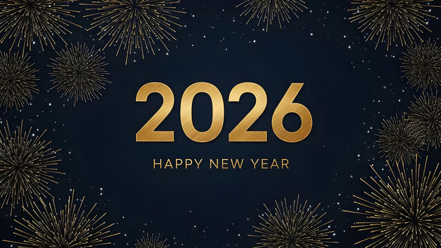 Happy new year 2026 celebration background with gold fireworks and sparkling stars - Powered by Adobe
