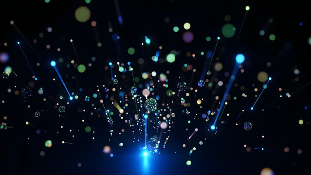 Abstract dark blue particles background with glowing light rays and bokeh effect - Powered by Adobe