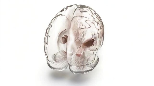 Video A pink glass brain shaped object on a white surface, suitable for education and scientific concepts
