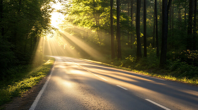 A sunlit road winds through a forest, with sunbeams piercing the trees. The way is clear and beckons to travel. The road ahead is an invitation to wander and explore.