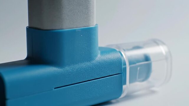 Close-up of a blue vacuum cleaner attachment with a transparent canister resting on a smooth surface