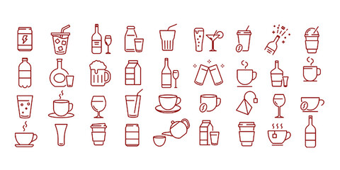 Vector monochrome line icon set about drinks