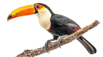 Fototapeta premium Toucan perched on a branch, white background, vivid beak and eye detail