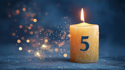 Festive golden candle number five illuminated by a vibrant flame and sparkling celebratory fireworks on a deep blue glitter surface