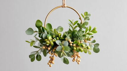 Modern hoop wreath with greenery and baubles, perfect for festive holiday decor
