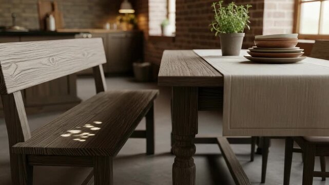 Wooden dining table and bench in rustic interior