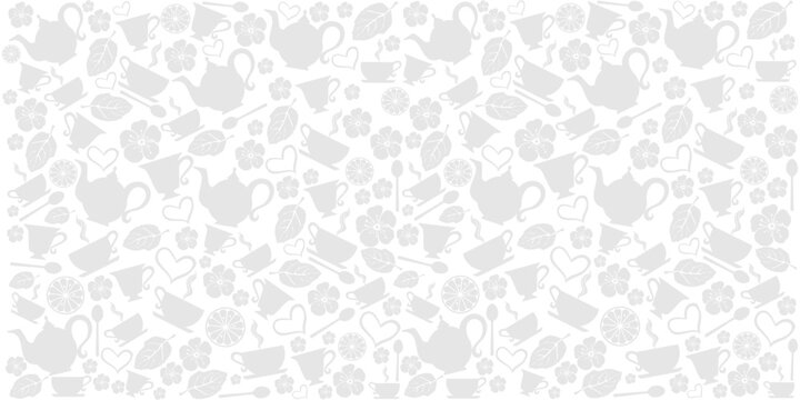 Tea time. Seamless pattern with tea pots and tea cups. Endless texture for wallpaper, web page background, wrapping paper. White background. Vector Illustration
