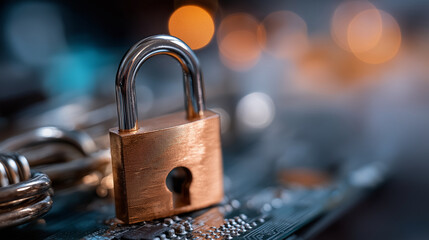 Penetrated security lock with hole visualization computer circuit board display breach compromise concept system vulnerability representation unauthorized access scenario