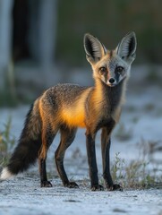 Naklejka premium Wild fox stands alert in open, sandy landscape bathed in golden light