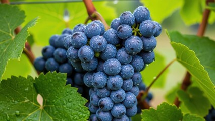Fototapeta premium Close up of a ripe bunch of dark blue grapes on a vine
