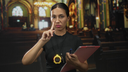 Young brunette woman referee points finger while holding pink clipboard and yellow stopwatch in a...