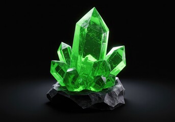 Vibrant green crystal cluster on dark gray rock formation with sharp faceted surfaces reflecting light on black background