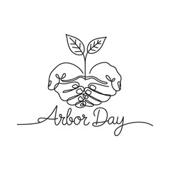 One line drawing hands cupping a small plant for arbor day celebration
