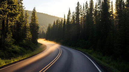 Obraz premium A scenic road winds through a dense forest, illuminated by the warm glow of the sun. The mist adds a touch of mystery to the tranquil landscape, inviting viewers to explore.