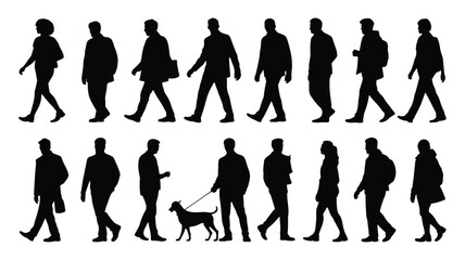 Collection of silhouettes of people walking in profile