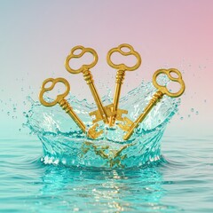 Golden antique keys submerged in splashing turquoise water with pastel background