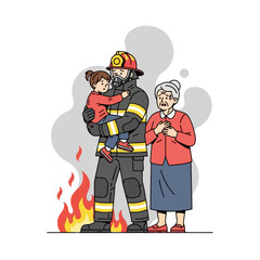 Firefighter Rescues Child from Fire with Concerned Woman Nearby Vector Art