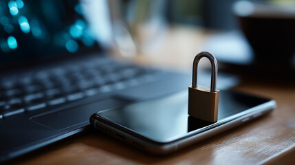 Phone lock protection from cyber scam online data fraud prevention identity theft defense laptop hacker virus code phishing cybersecurity danger defocused device display with