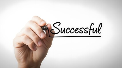 Hand writing the word successful in elegant script on a clean transparent surface for motivation