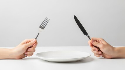 Hands Holding Cutlery Beside an Empty White Plate on a Clean Table