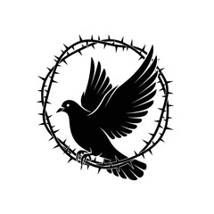 Black Silhouette of Dove in Crown of Thorns Vector Illustration