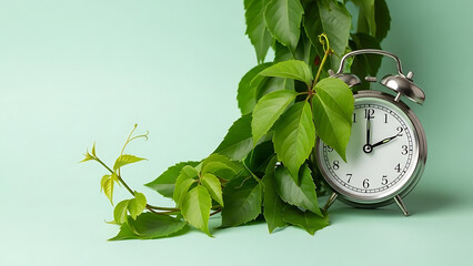 Green Vine Leaves Growing Around a Vintage Alarm Clock on Pastel Background
