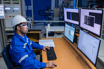 Inside the large Industry Factory male Computer Engineer Works on Personal Computer She coding program for control machine,Thailand people work on fours monitors,Programmer working with serious