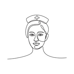Minimalist continuous line art portrait of a female nurse wearing a cap