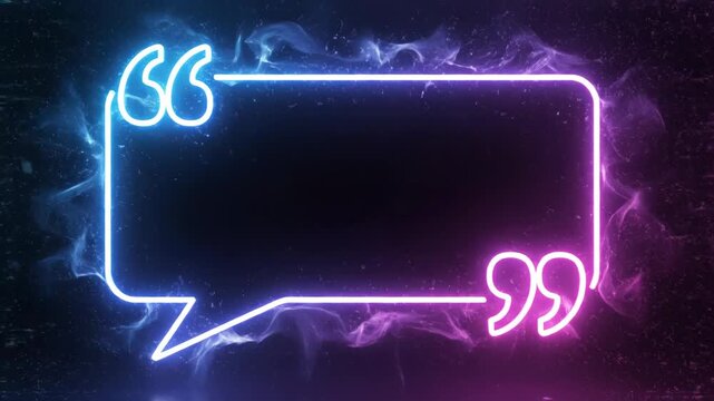 Neon glowing quotation mark speech bubble frame with copy space on dark textured background