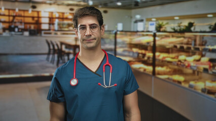 Fototapeta premium Man doctor in blue scrubs with stethoscope hand on chin thinking near a pastry display inside a building; thoughtful concern.