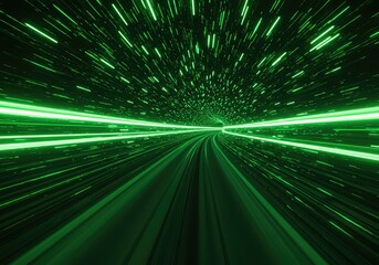 Green light trails radiate outward in all directions from a central point in a dark space creating a sense of speed and futuristic technology